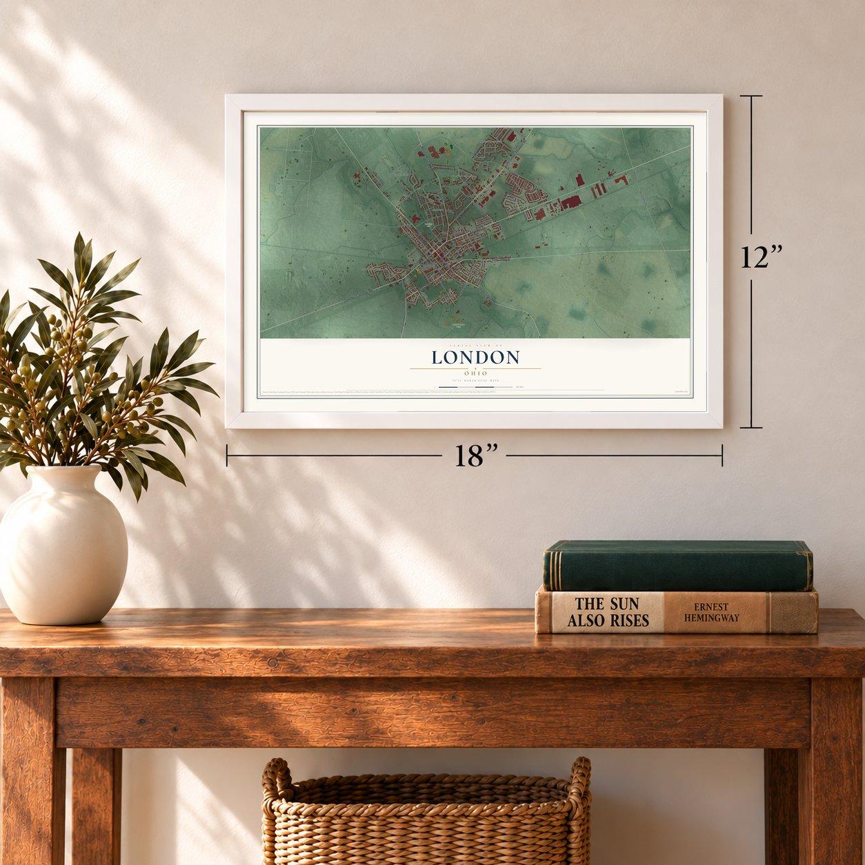 London, Ohio map, 12 x 18 inch print in a white frame in an entryway