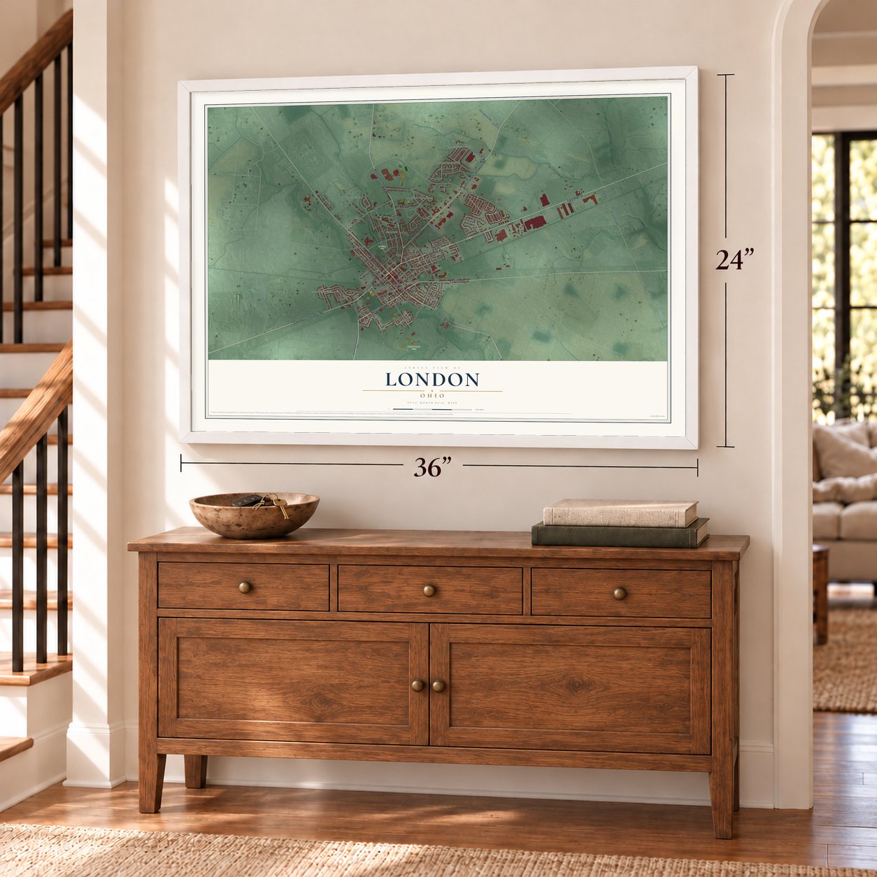 London, Ohio map, 24 x 36 inch print in a white frame above a dresser by a staircase
