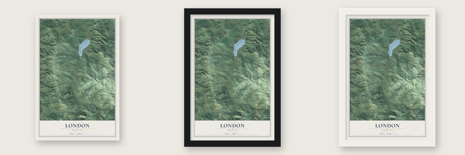 London, Oregon map unframed, in a black wood frame and in a white wood frame