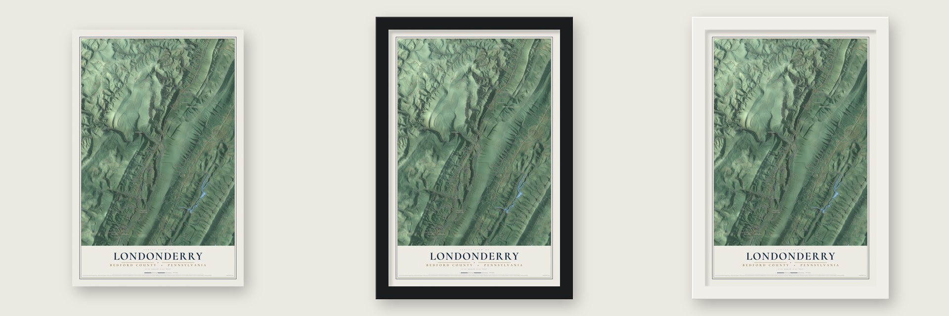 Londonderry, Bedford County, Pennsylvania map unframed, in a black wood frame and in a white wood frame