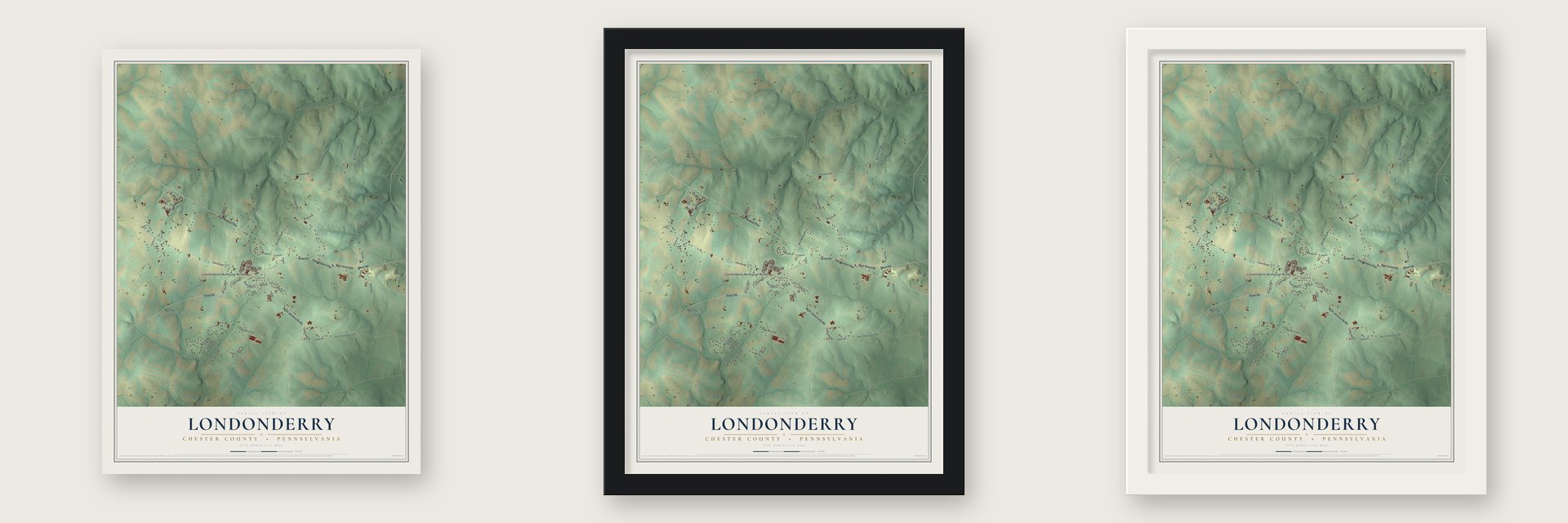 Londonderry, Chester County, Pennsylvania map unframed, in a black wood frame and in a white wood frame