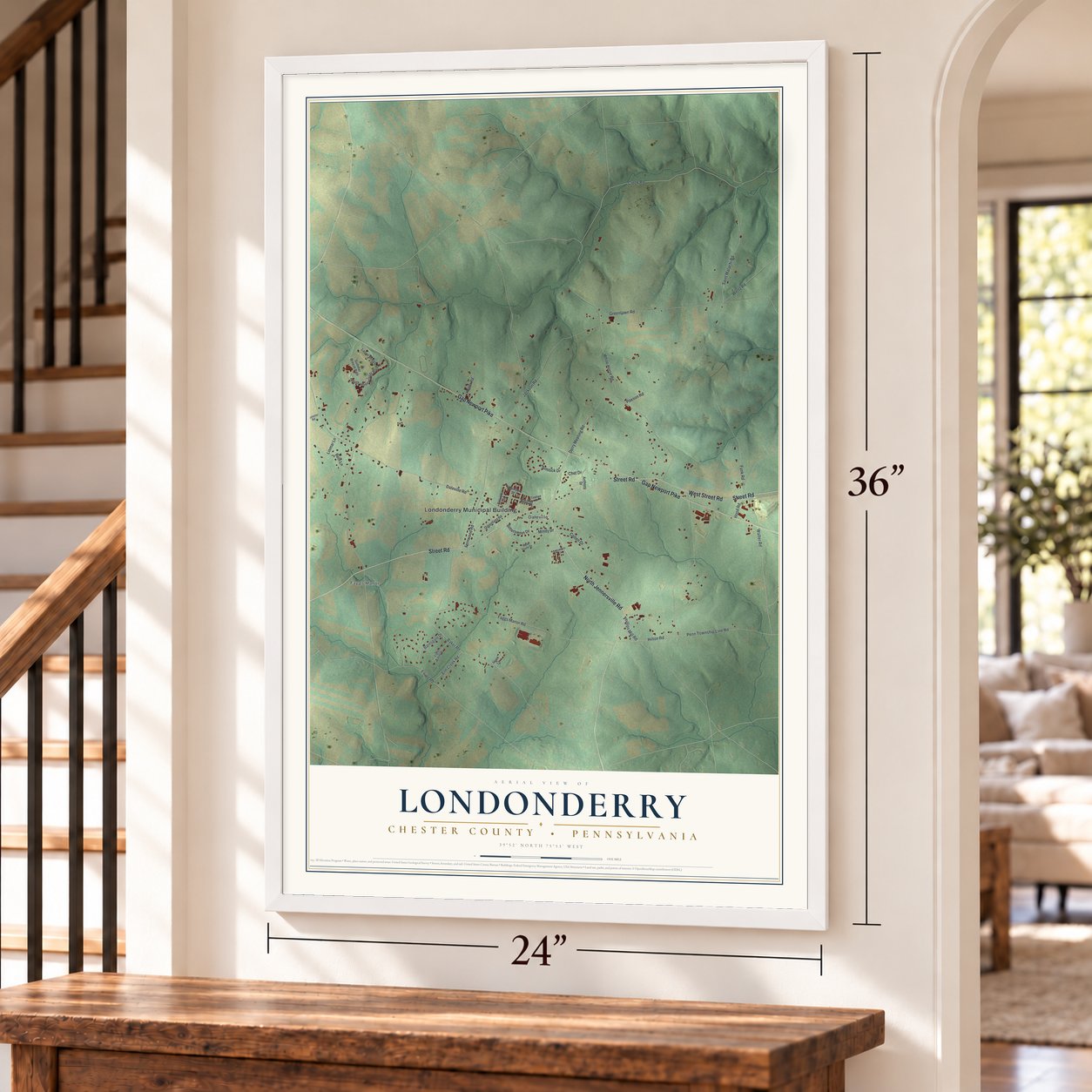 Londonderry, Chester County, Pennsylvania map, 24 x 36 inch print in a white frame by a staircase