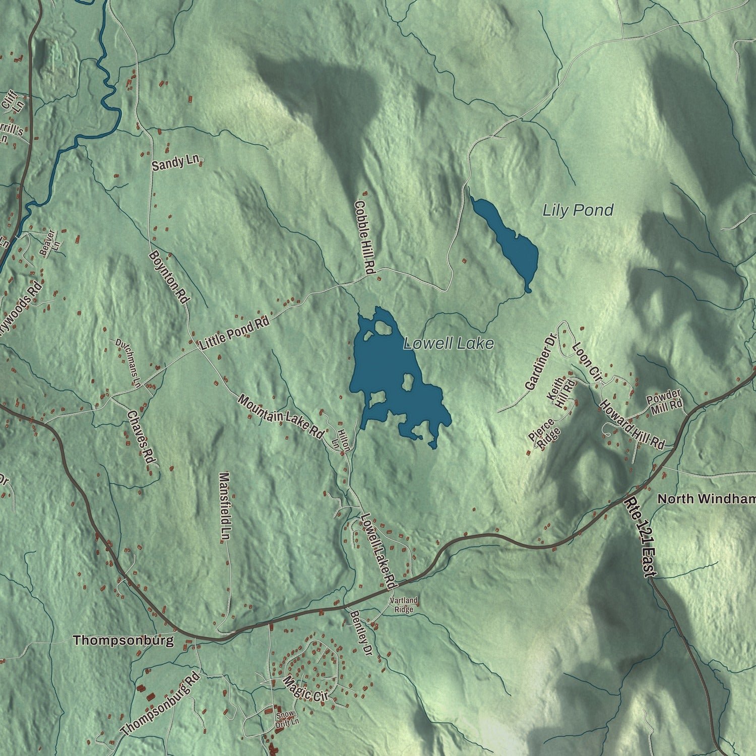Close-up of the map of Londonderry, Vermont print showing terrain and local geography