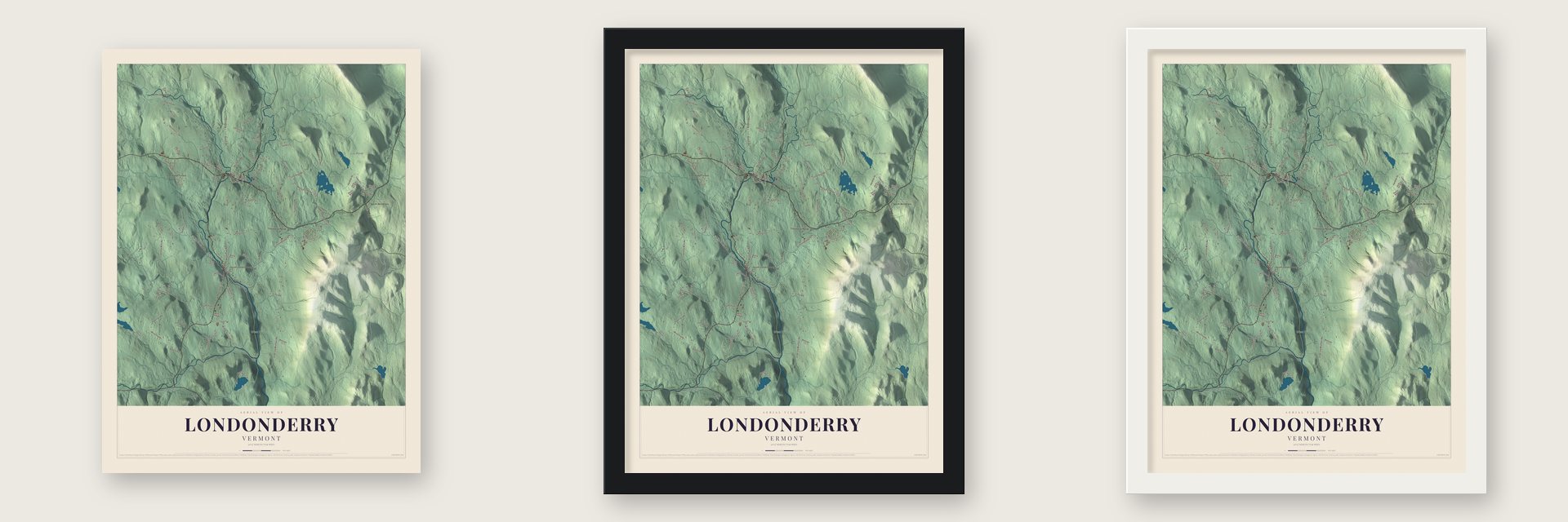 Londonderry, Vermont map unframed, in a black wood frame and in a white wood frame
