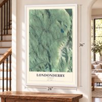 Londonderry, Vermont map, 24 x 36 inch print in a white frame by a staircase