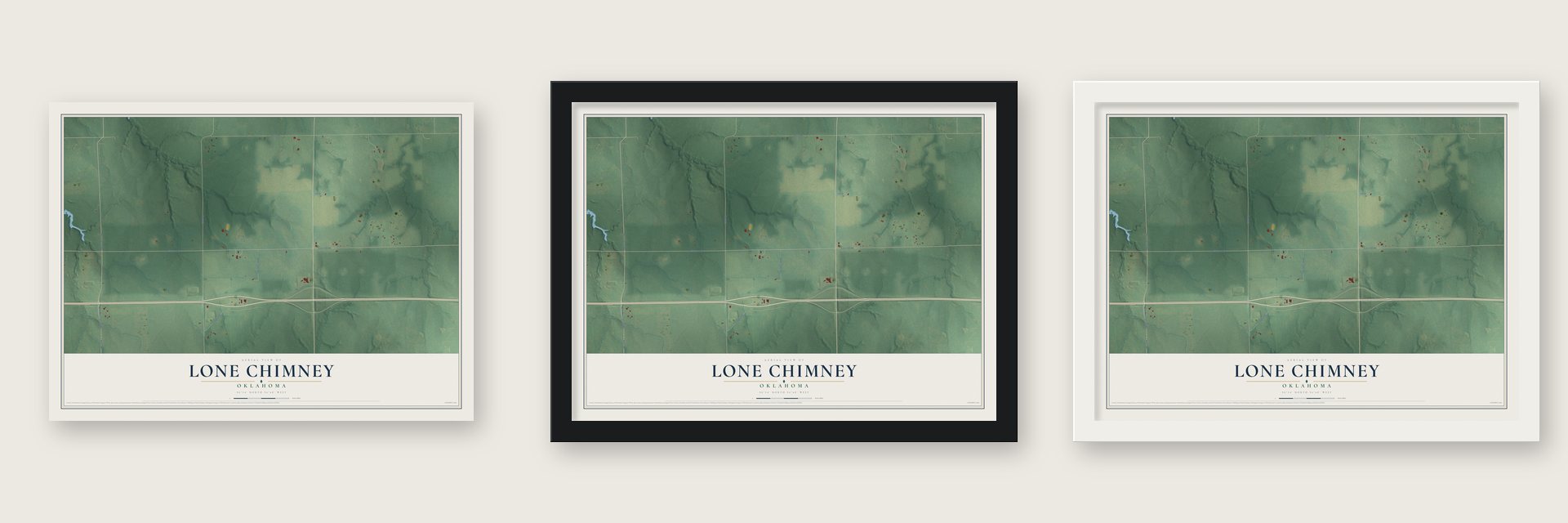 Lone Chimney, Oklahoma map unframed, in a black wood frame and in a white wood frame