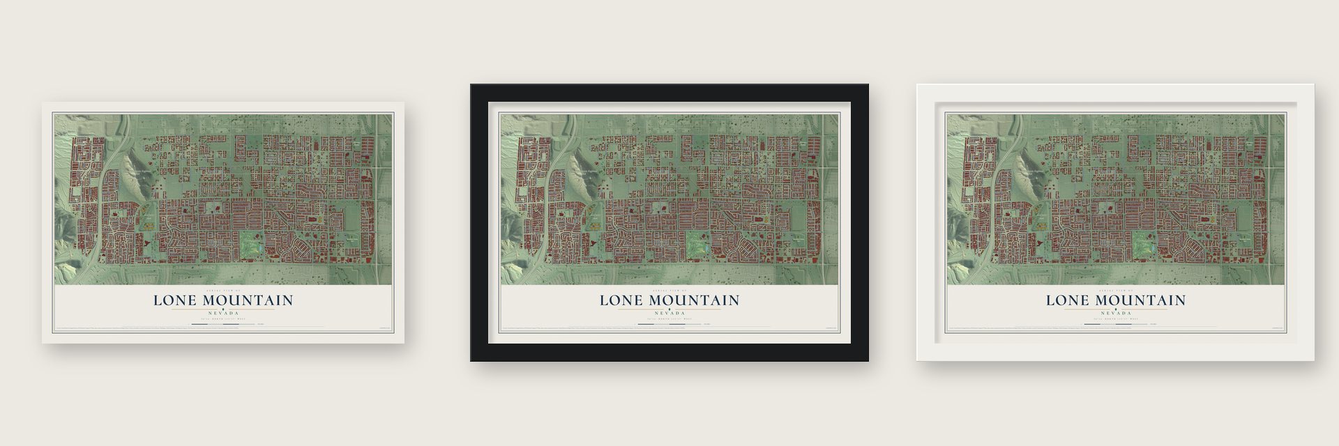 Lone Mountain, Nevada map unframed, in a black wood frame and in a white wood frame