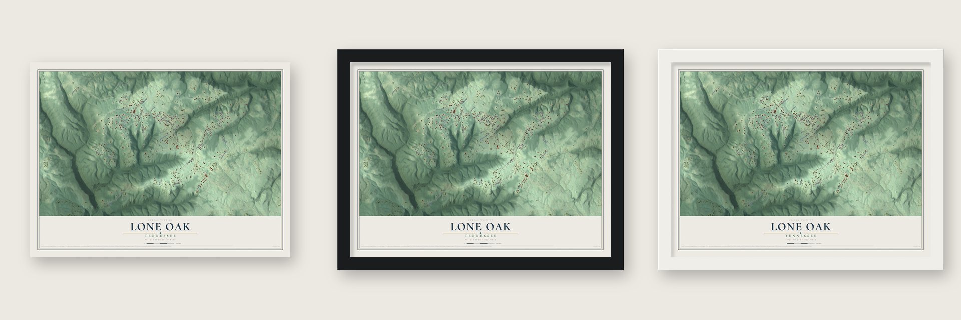 Lone Oak, Tennessee map unframed, in a black wood frame and in a white wood frame