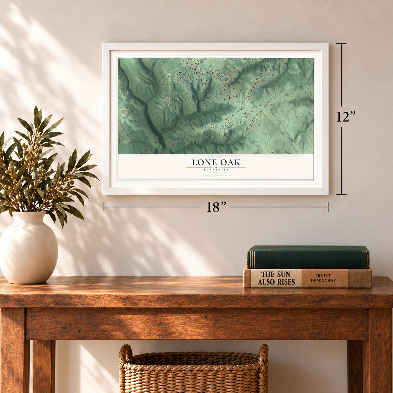 Lone Oak, Tennessee map, 12 x 18 inch print in a white frame in an entryway