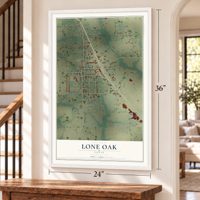 Lone Oak, Texas map, 24 x 36 inch print in a white frame by a staircase