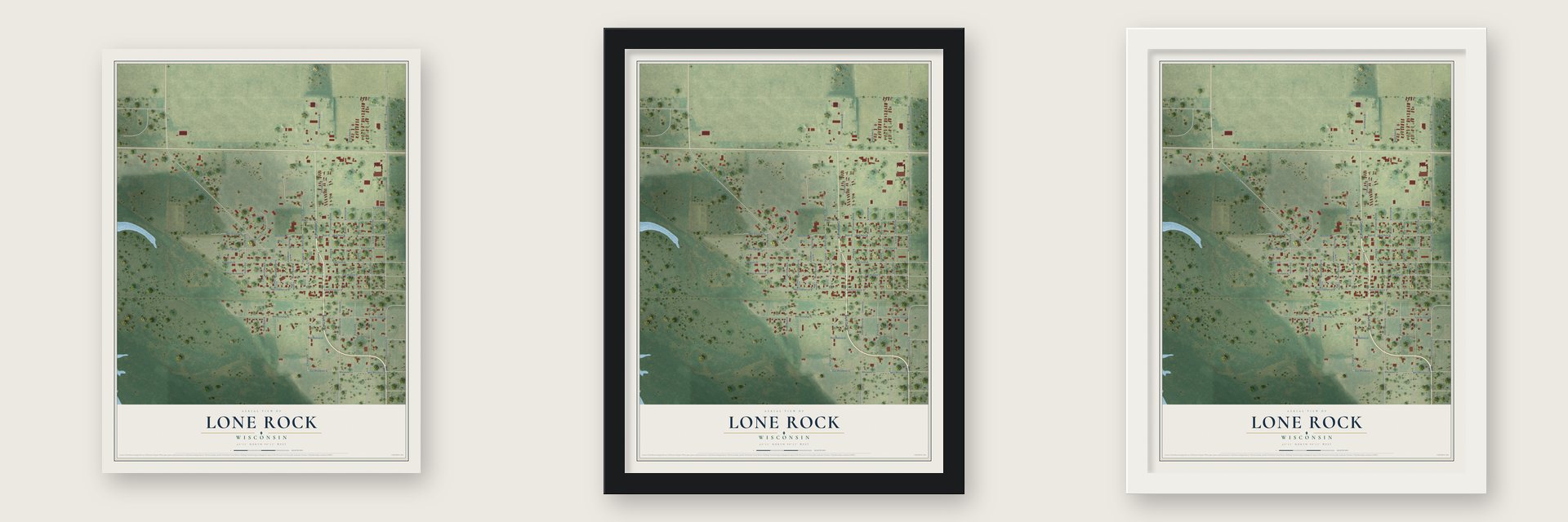 Lone Rock, Wisconsin map unframed, in a black wood frame and in a white wood frame