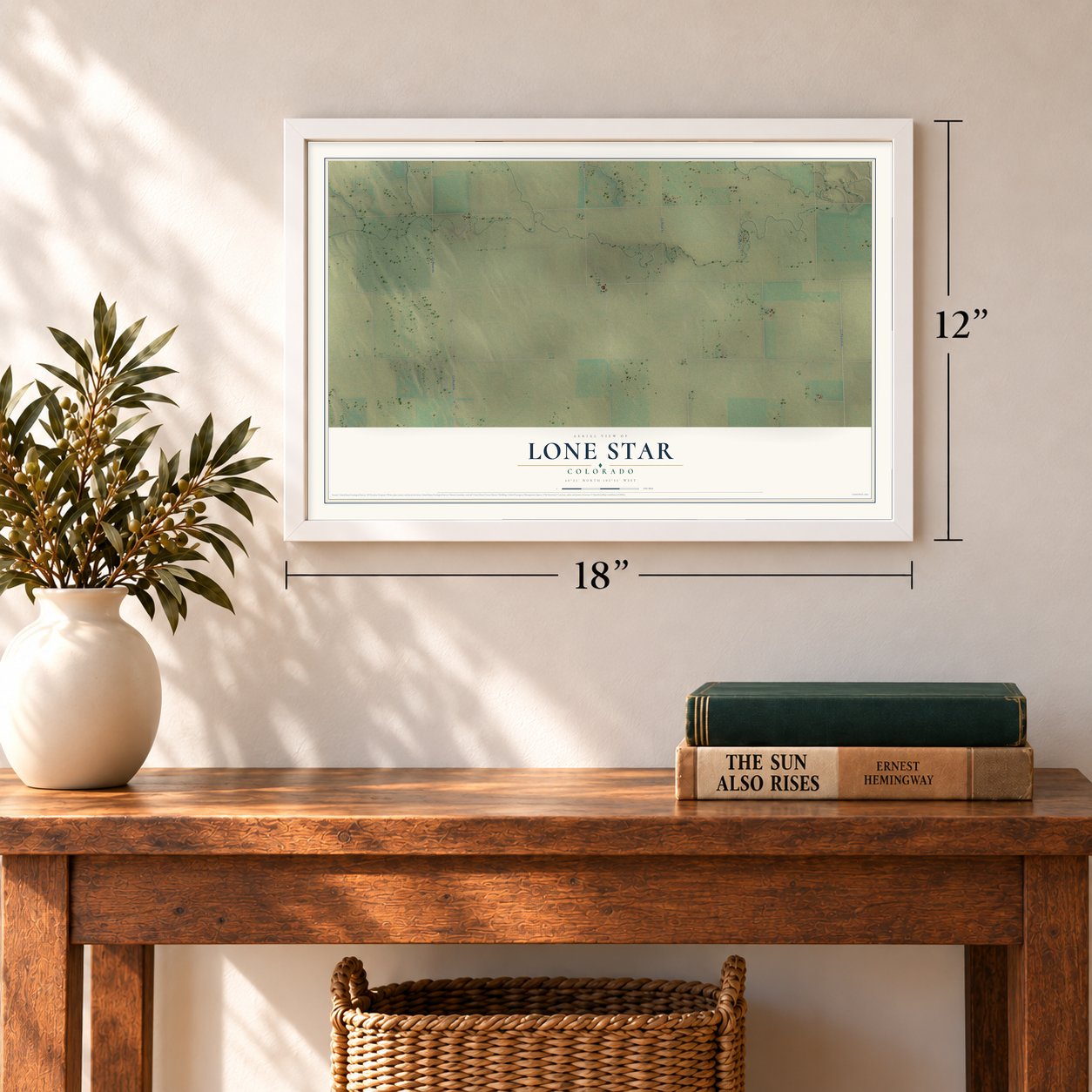 Lone Star, Colorado map, 12 x 18 inch print in a white frame in an entryway