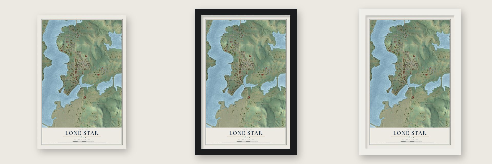 Lone Star, Texas map unframed, in a black wood frame and in a white wood frame