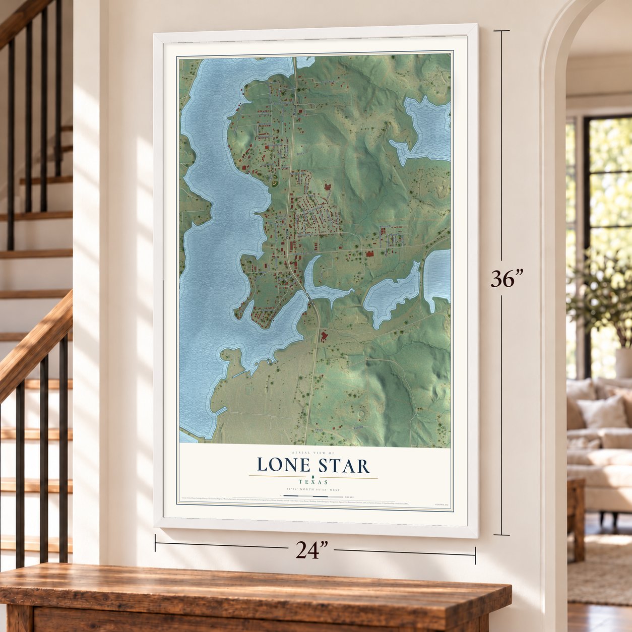 Lone Star, Texas map, 24 x 36 inch print in a white frame by a staircase