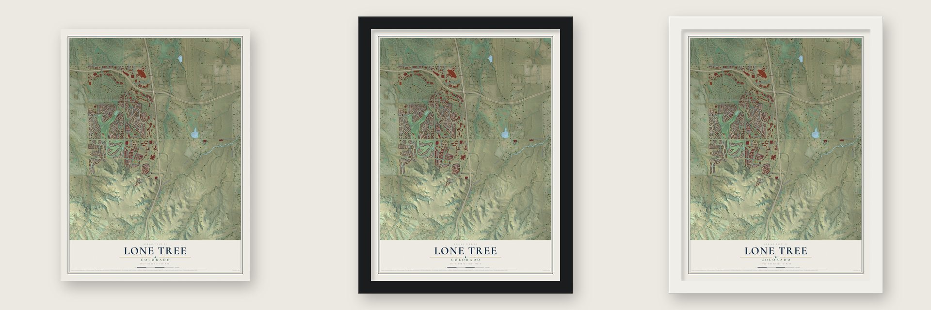 Lone Tree, Colorado map unframed, in a black wood frame and in a white wood frame