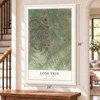 Lone Tree, Colorado map, 24 x 36 inch print in a white frame by a staircase