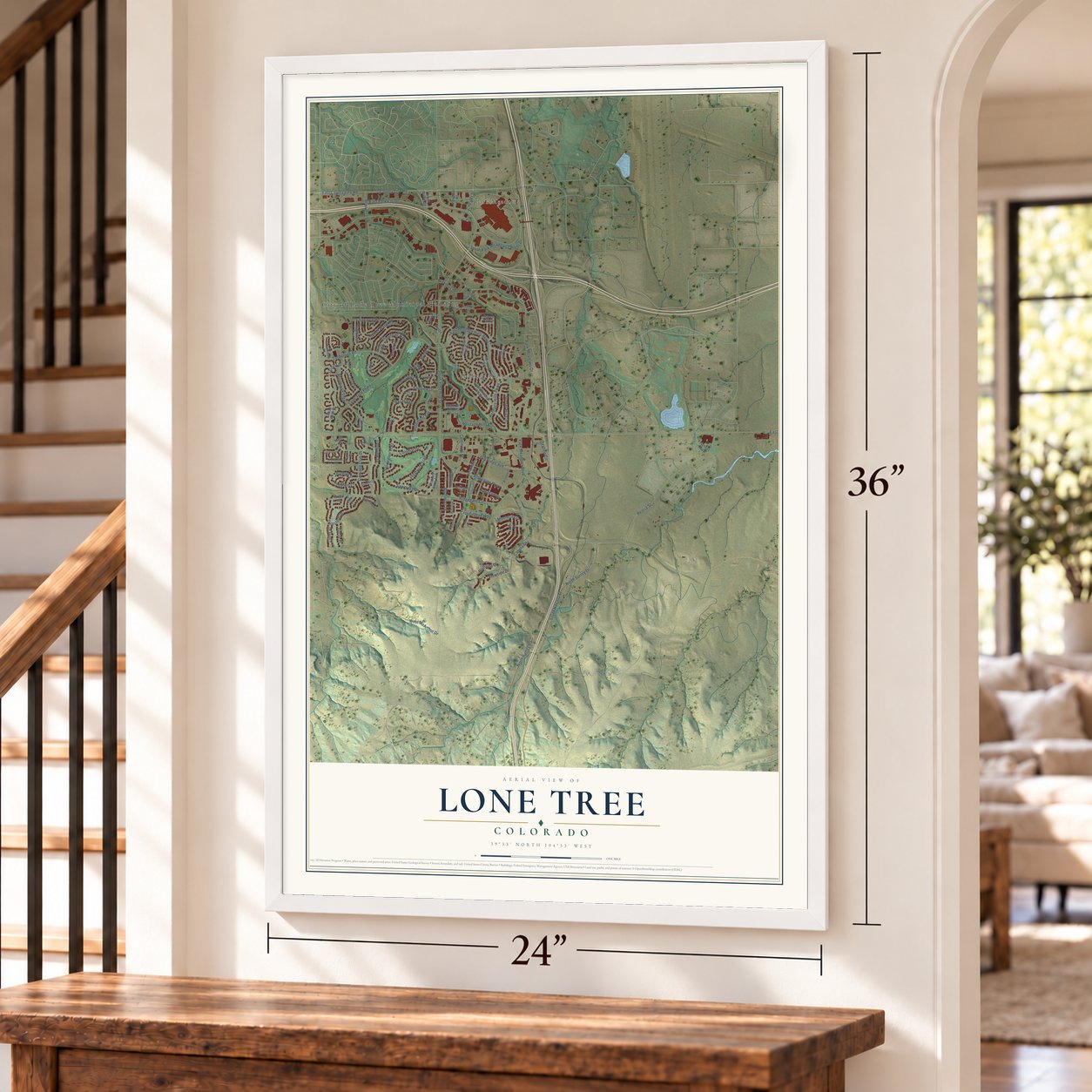 Lone Tree, Colorado map, 24 x 36 inch print in a white frame by a staircase