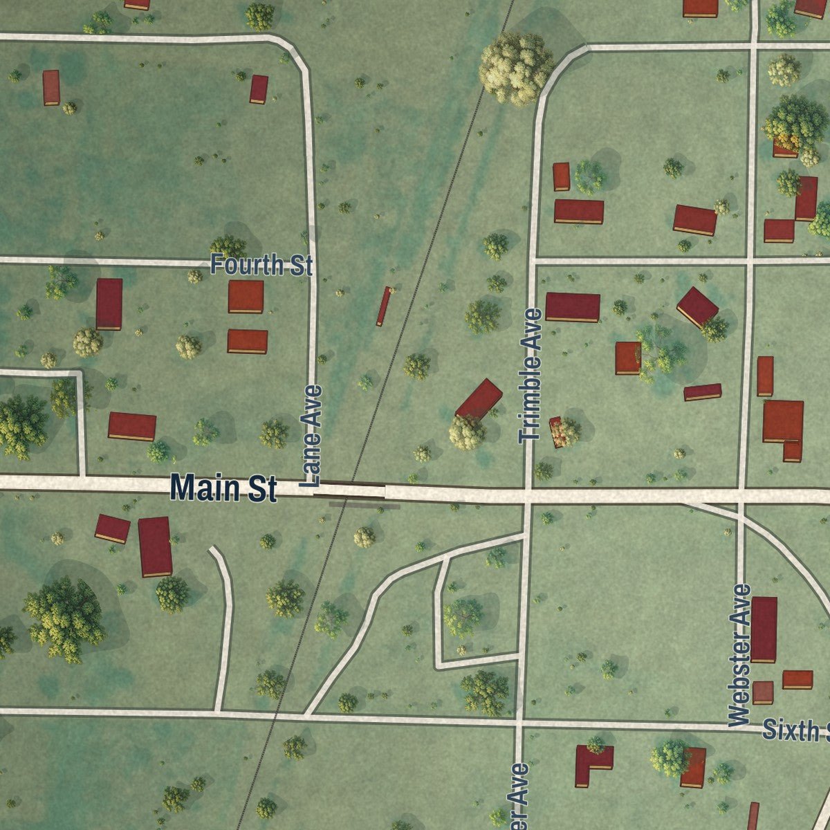 Second close-up of the map of Lone Wolf, Oklahoma print showing more streets and buildings