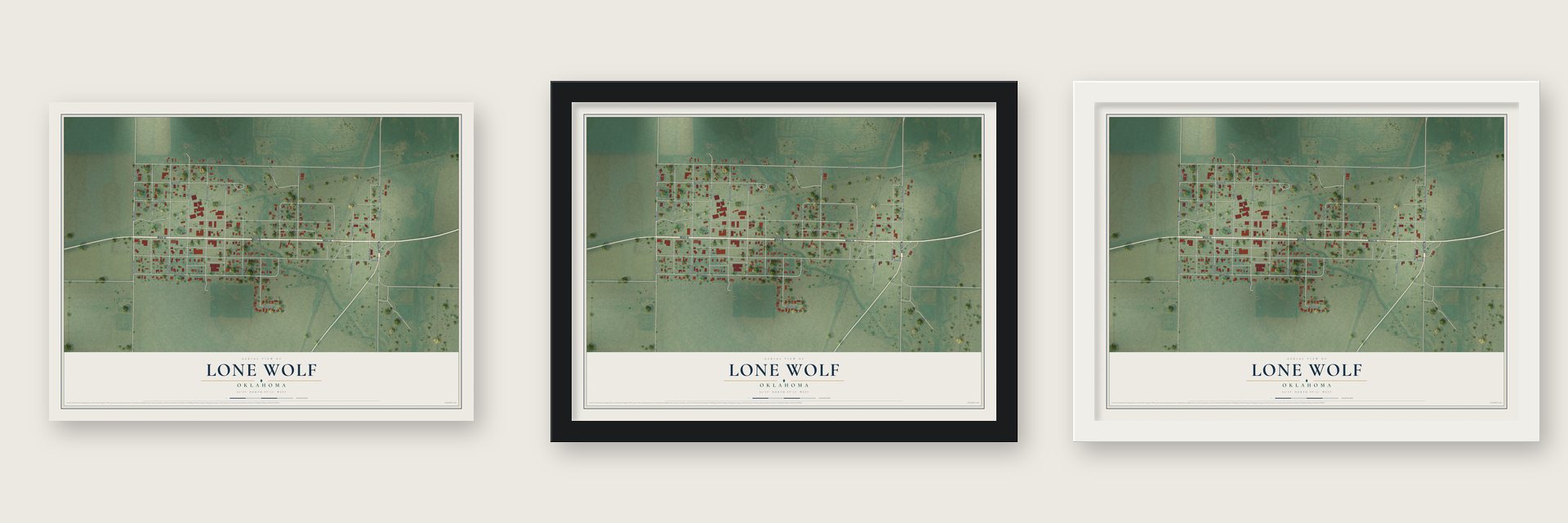 Lone Wolf, Oklahoma map unframed, in a black wood frame and in a white wood frame