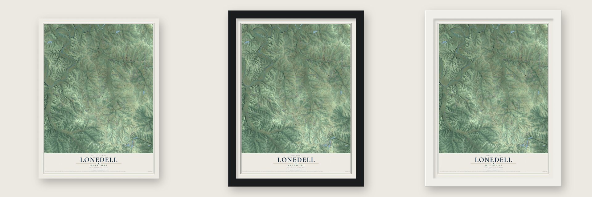 Lonedell, Missouri map unframed, in a black wood frame and in a white wood frame