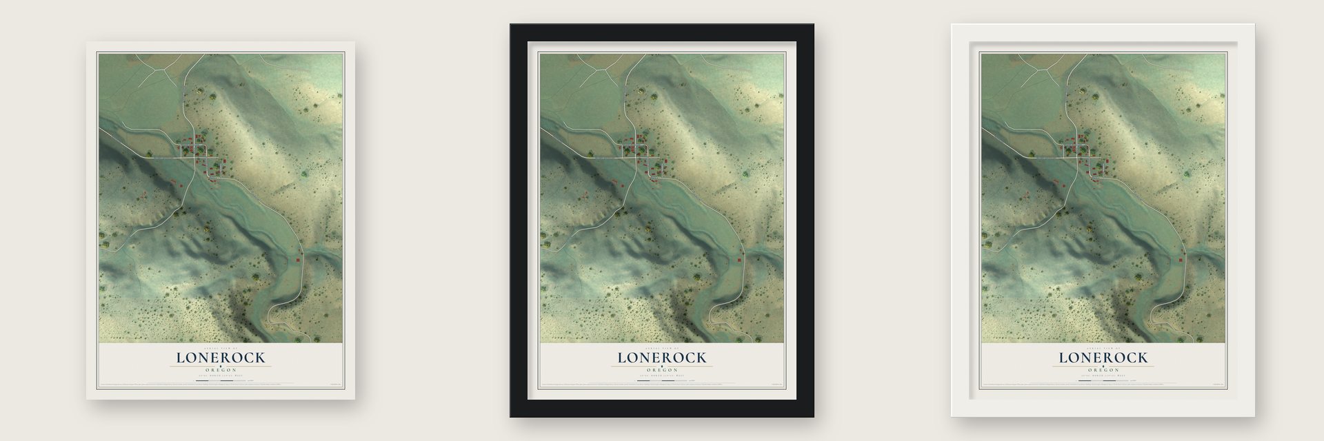 Lonerock, Oregon map unframed, in a black wood frame and in a white wood frame