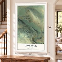 Lonerock, Oregon map, 24 x 36 inch print in a white frame by a staircase