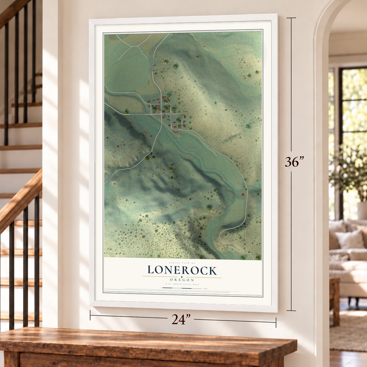 Lonerock, Oregon map, 24 x 36 inch print in a white frame by a staircase
