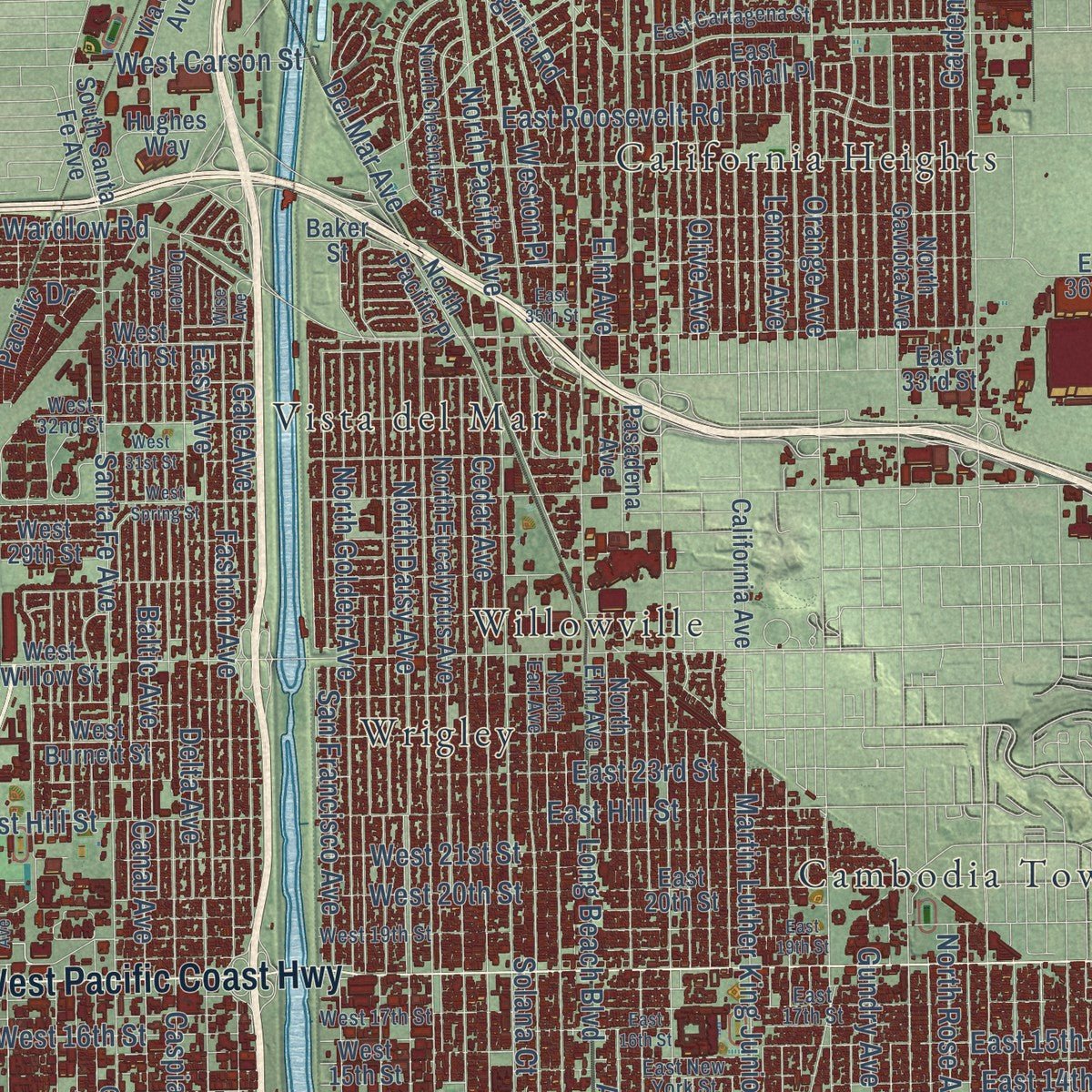 Second close-up of the map of Long Beach, California print showing more streets and buildings