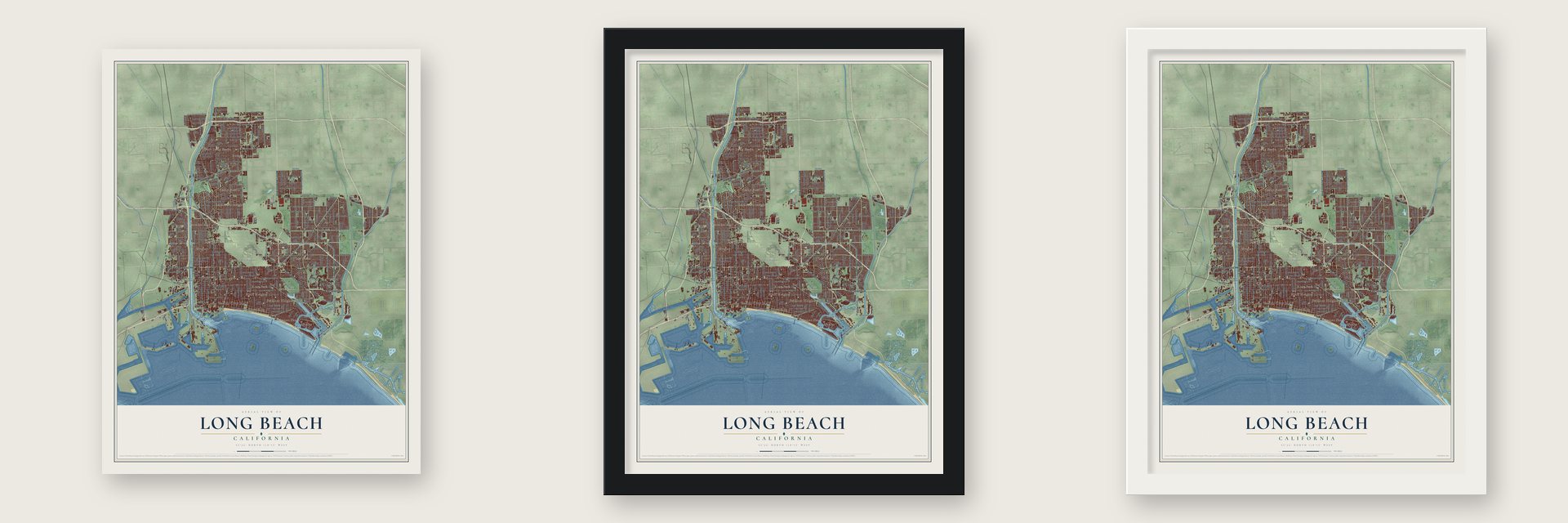 Long Beach, California map unframed, in a black wood frame and in a white wood frame