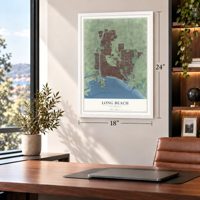Long Beach, California map, 18 x 24 inch print in a white frame in a home office