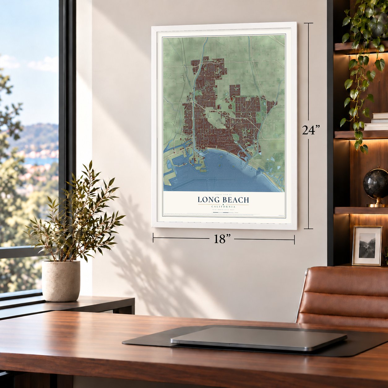 Long Beach, California map, 18 x 24 inch print in a white frame in a home office