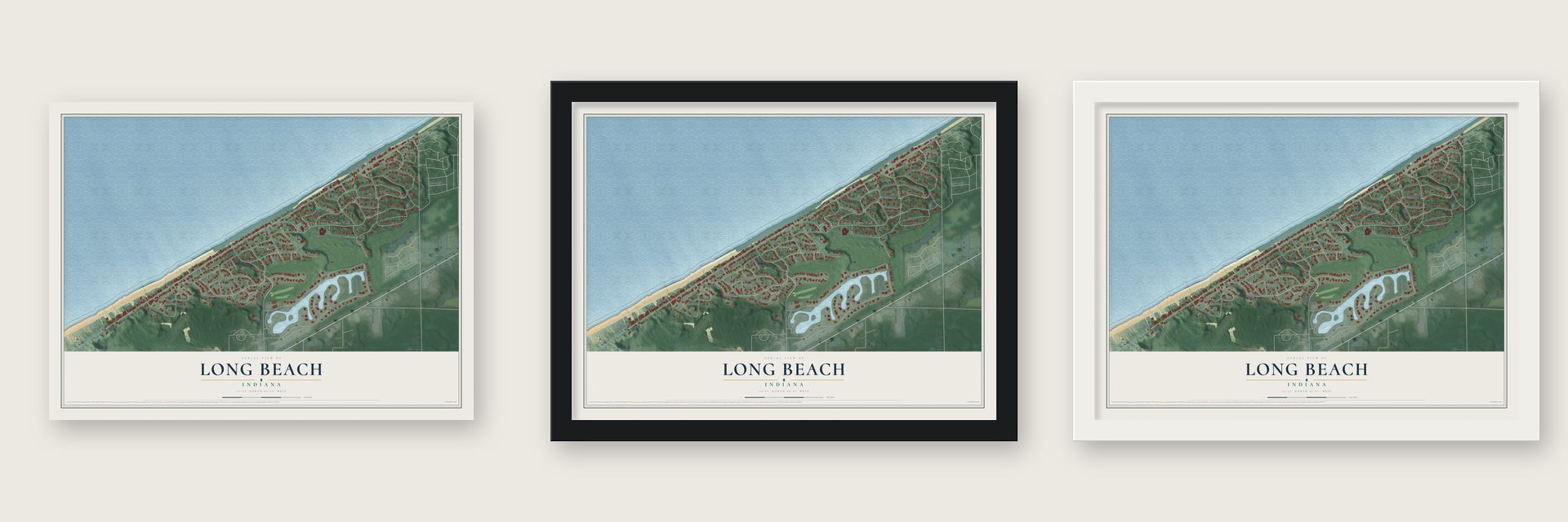 Long Beach, Indiana map unframed, in a black wood frame and in a white wood frame