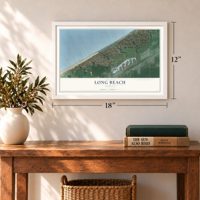 Long Beach, Indiana map, 12 x 18 inch print in a white frame in an entryway