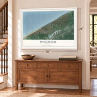 Long Beach, Indiana map, 24 x 36 inch print in a white frame above a dresser by a staircase