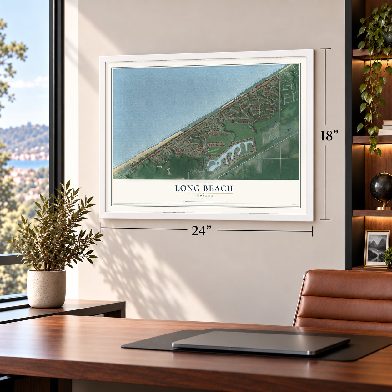 Long Beach, Indiana map, 18 x 24 inch print in a white frame in a home office
