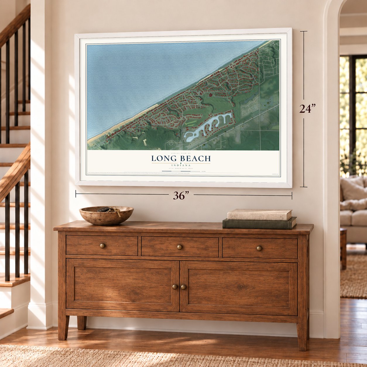 Long Beach, Indiana map, 24 x 36 inch print in a white frame above a dresser by a staircase