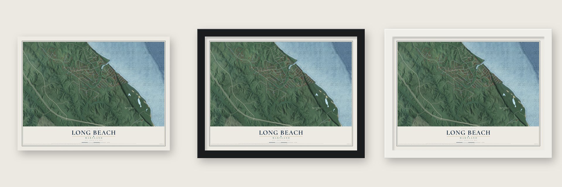 Long Beach, Maryland map unframed, in a black wood frame and in a white wood frame
