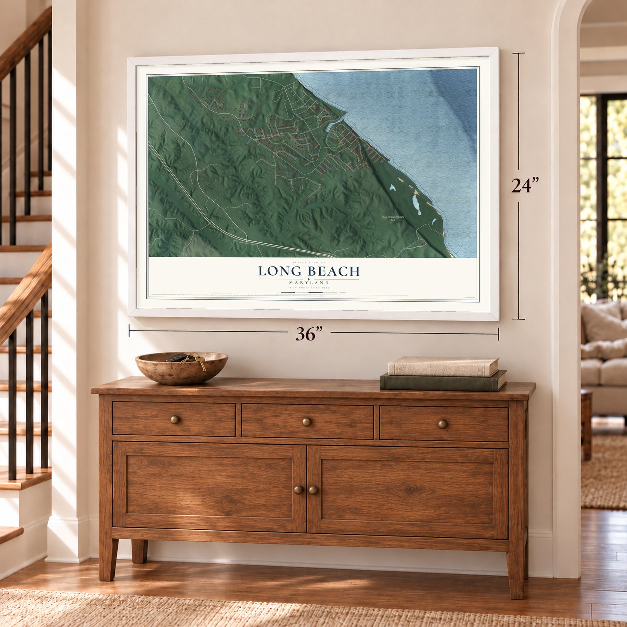 Long Beach, Maryland map, 24 x 36 inch print in a white frame above a dresser by a staircase