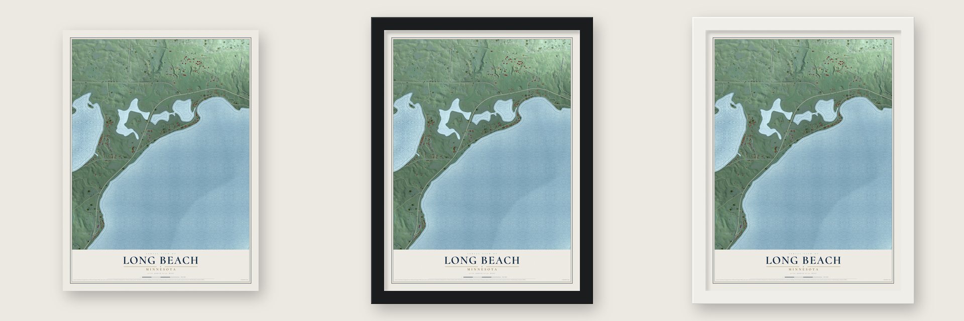 Long Beach, Minnesota map unframed, in a black wood frame and in a white wood frame