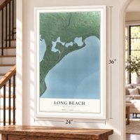 Long Beach, Minnesota map, 24 x 36 inch print in a white frame by a staircase