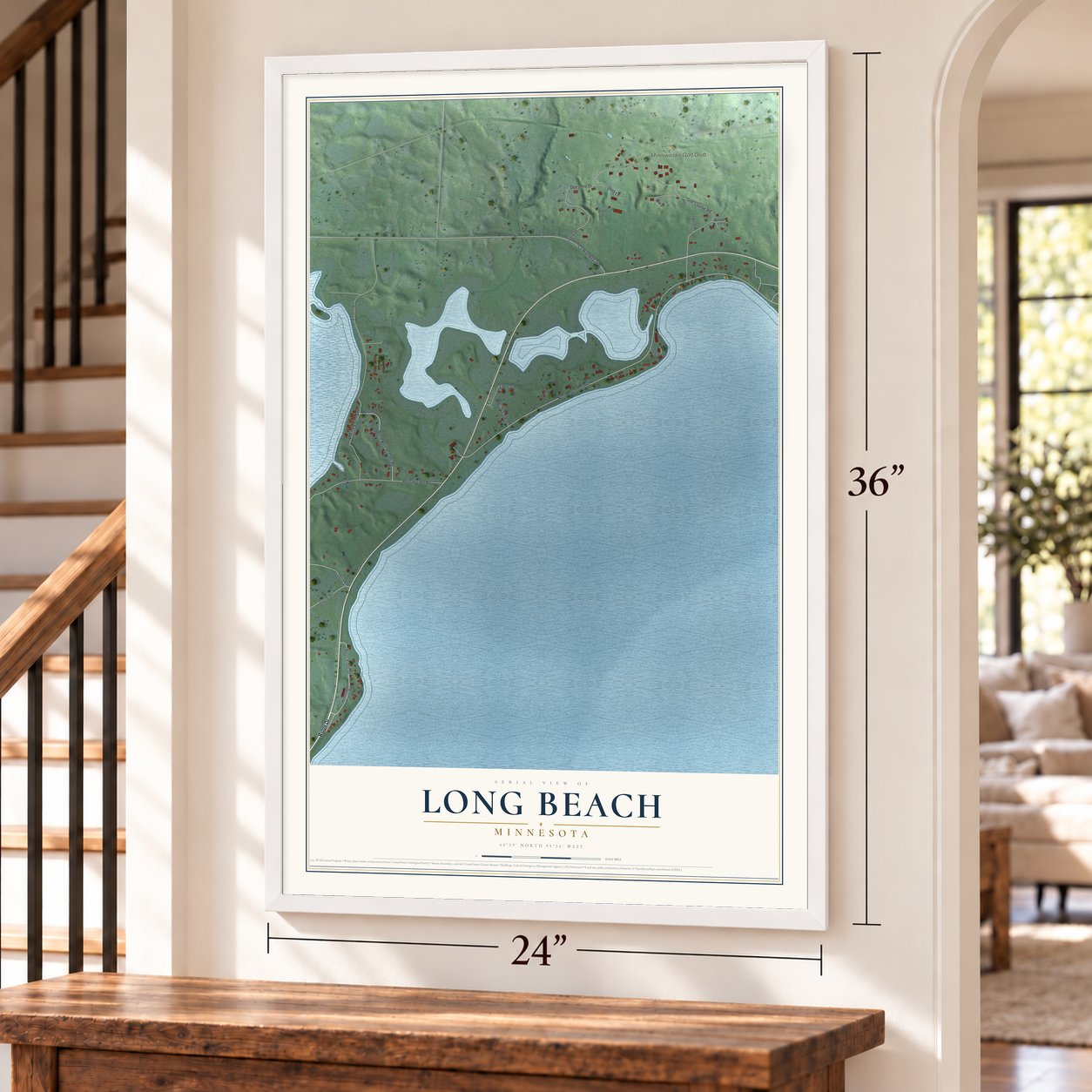 Long Beach, Minnesota map, 24 x 36 inch print in a white frame by a staircase