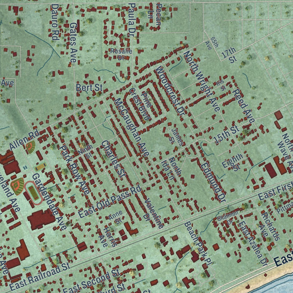 Second close-up of the map of Long Beach, Mississippi print showing more streets and buildings