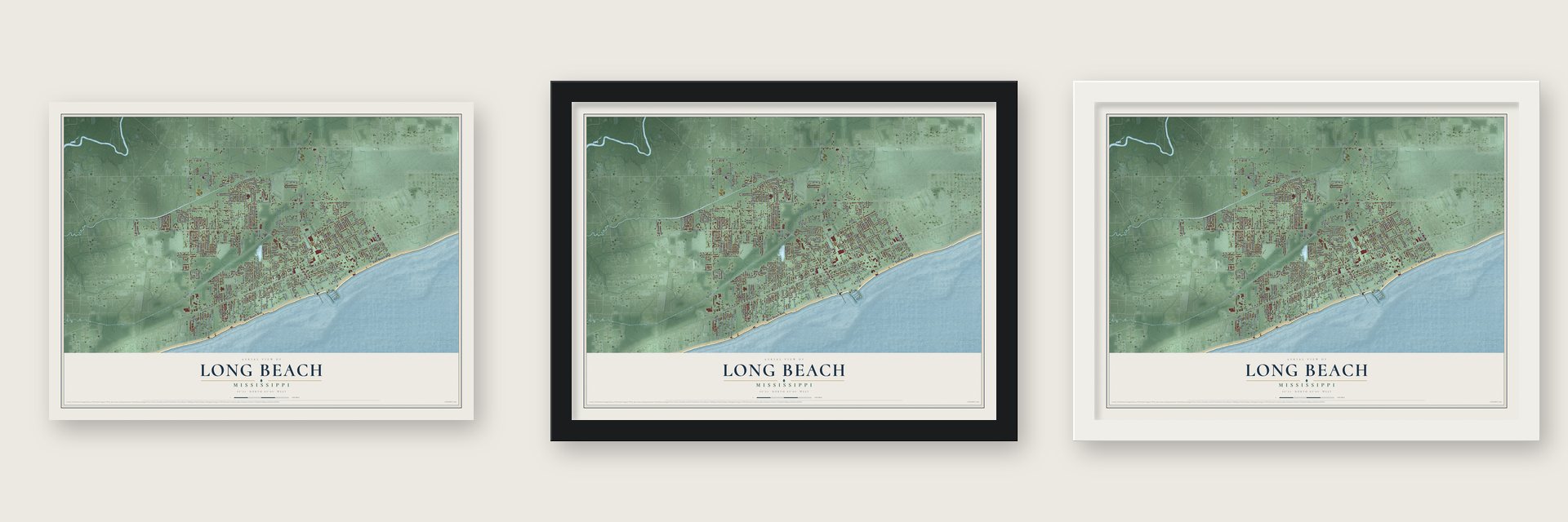 Long Beach, Mississippi map unframed, in a black wood frame and in a white wood frame