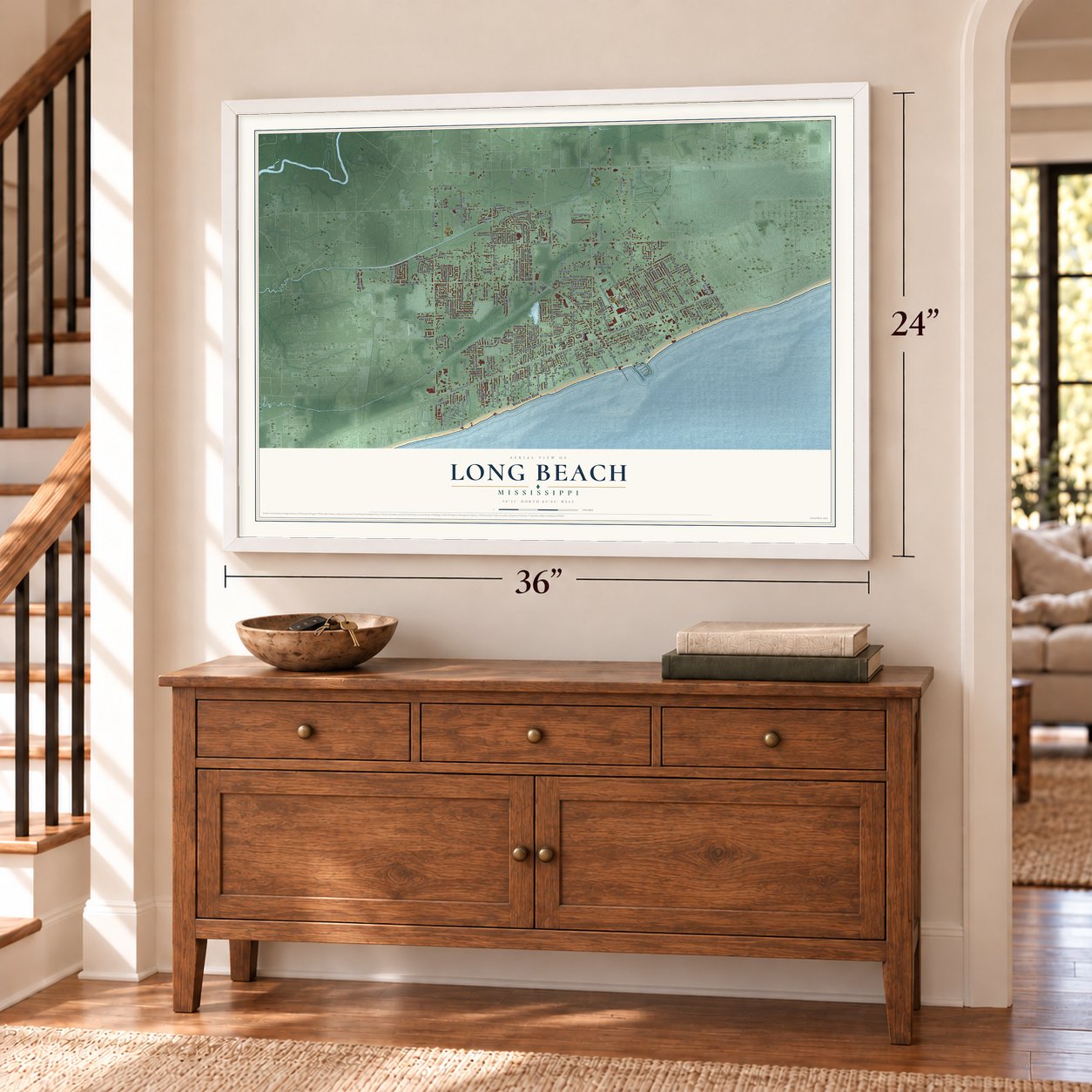Long Beach, Mississippi map, 24 x 36 inch print in a white frame above a dresser by a staircase
