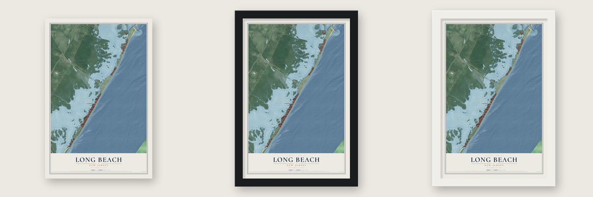 Long Beach, New Jersey map unframed, in a black wood frame and in a white wood frame
