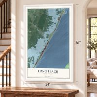 Long Beach, New Jersey map, 24 x 36 inch print in a white frame by a staircase