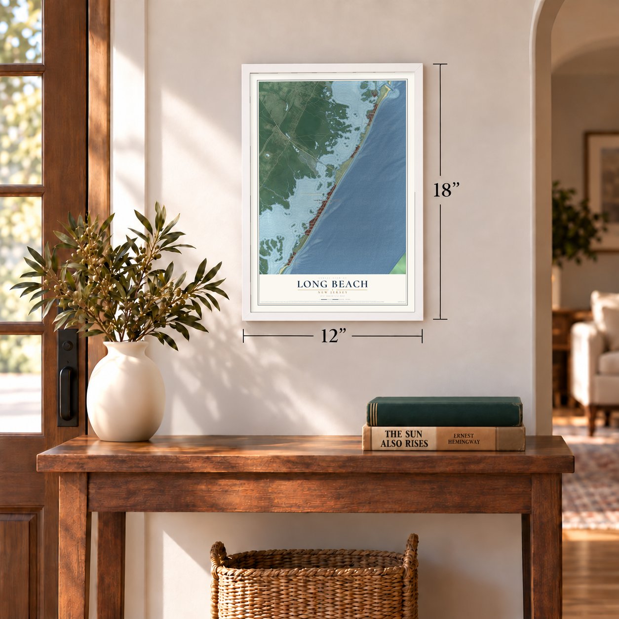 Long Beach, New Jersey map, 12 x 18 inch print in a white frame in an entryway