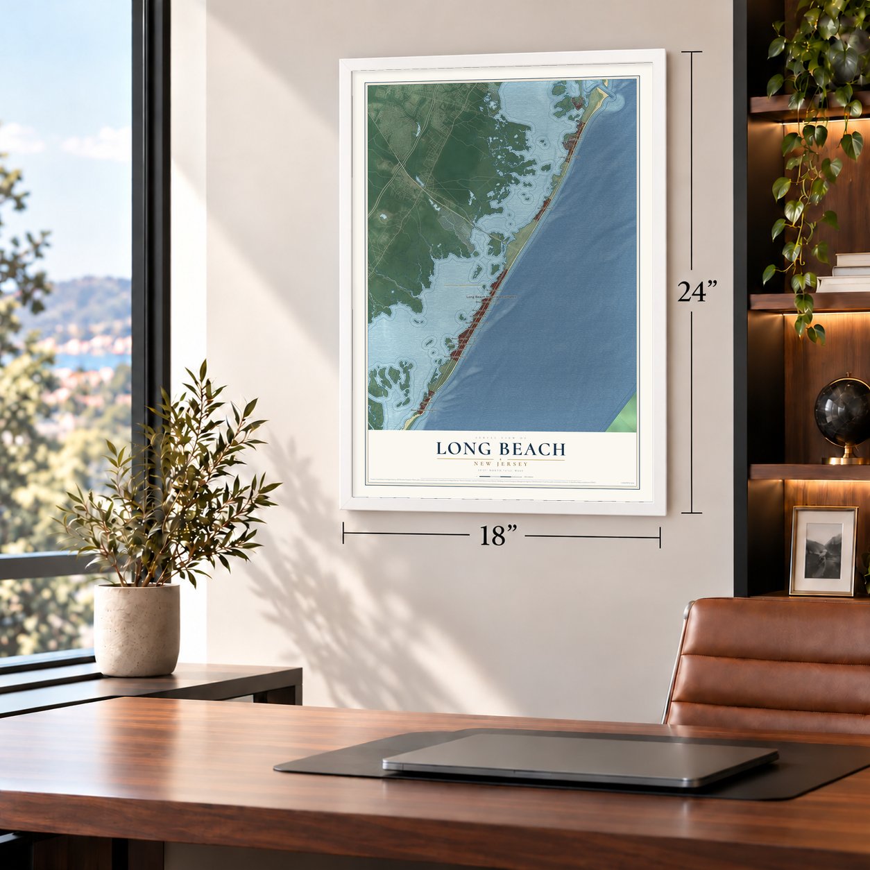 Long Beach, New Jersey map, 18 x 24 inch print in a white frame in a home office
