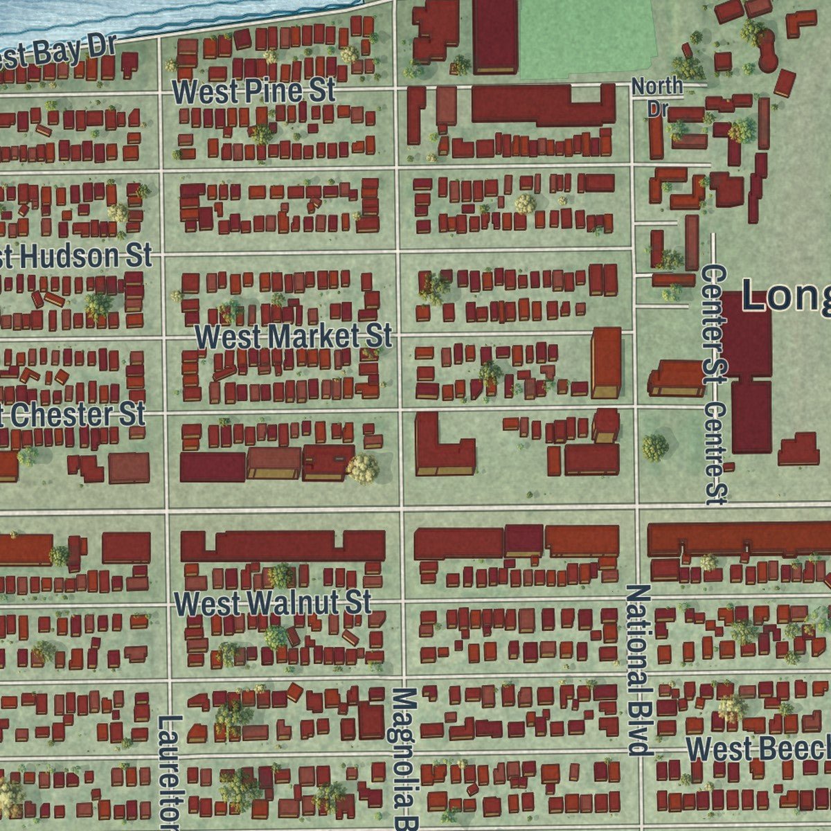 Second close-up of the map of Long Beach, New York print showing more streets and buildings