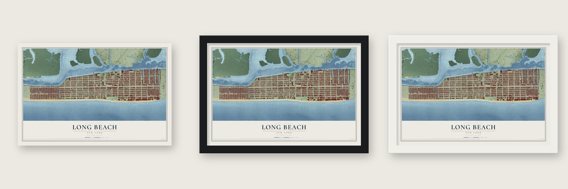 Long Beach, New York map unframed, in a black wood frame and in a white wood frame